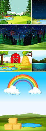 Six different scenes in nature setting cartoon style illustrationの写真素材