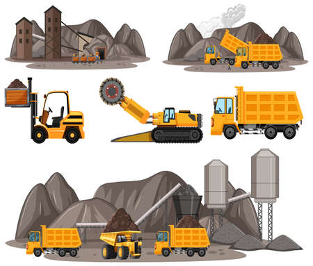Coal mining scene with different types of construction trucks illustrationのイラスト素材