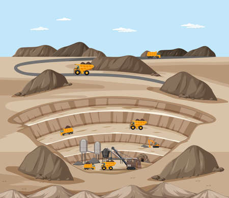 Landscape of coal mining scene with crane and trucks illustrationのイラスト素材