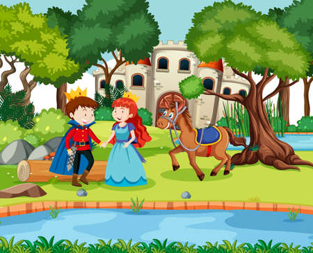Scene with prince and princess at the castle illustrationのイラスト素材
