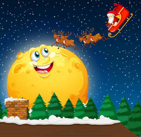 Smiling moon in the sky at night with Santa Claus on sleigh illustrationのイラスト素材