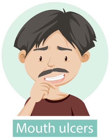 Cartoon character with mouth ulcers symptoms illustrationのイラスト素材