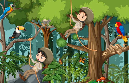 Forest scene with many children doing different activities illustrationのイラスト素材