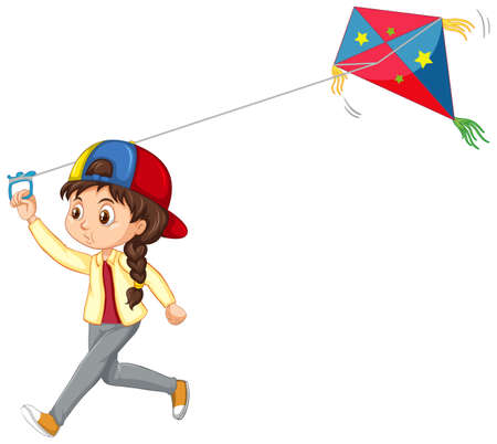 Girl playing kite isolated on white background illustrationのイラスト素材