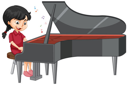 A girl cartoon character playing piano illustrationのイラスト素材