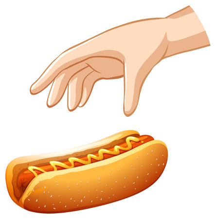 Hand trying to grab sausage sandwich on white background illustrationのイラスト素材