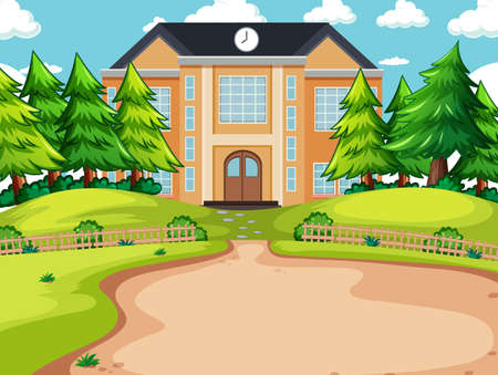 Outdoor scene with school building and nature elements illustrationのイラスト素材