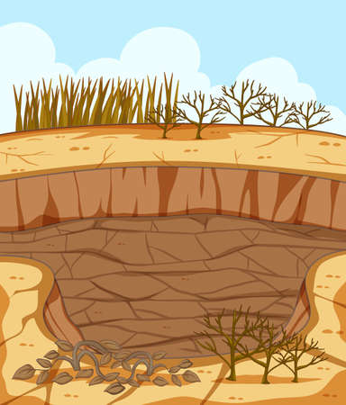 Dry cracked landscape scene with dead plants illustrationのイラスト素材