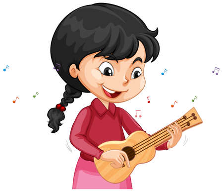 A girl cartoon character playing ukulele illustrationのイラスト素材