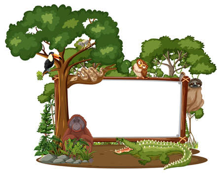 Empty banner with wild animals and rainforest trees on white background illustrationのイラスト素材