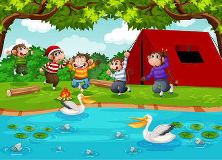 Five little monkeys jumping in the park scene illustrationのイラスト素材