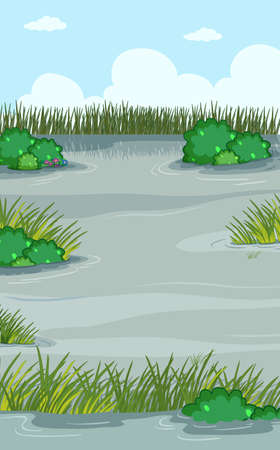 Nature landscape flood with plant and grasses illustrationのイラスト素材