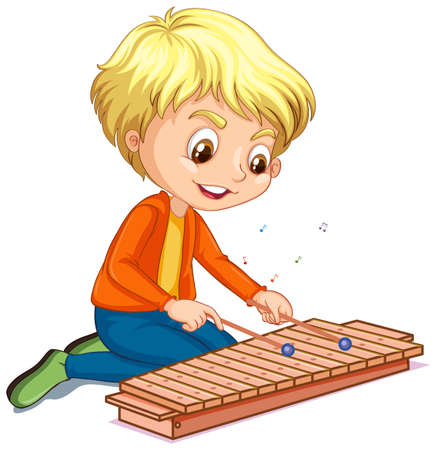 Character of a boy playing xylophone on white background illustrationのイラスト素材