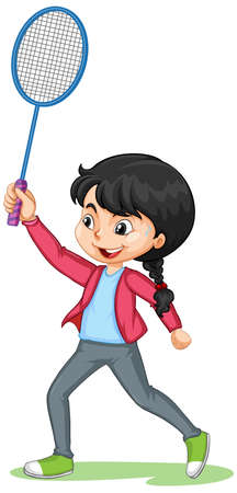 Cute girl playing badminton cartoon character isolated illustrationのイラスト素材