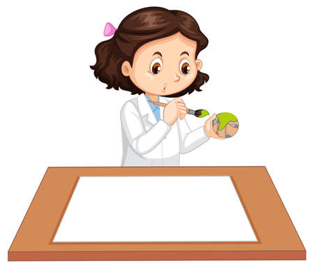 Cute girl wearing scientist uniform with blank paper on the table illustrationのイラスト素材