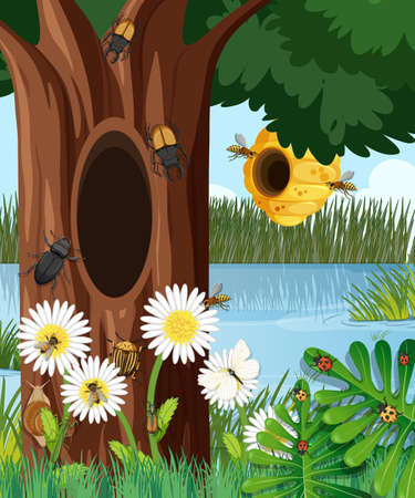 Forest scene with bee hive and other insects illustrationのイラスト素材