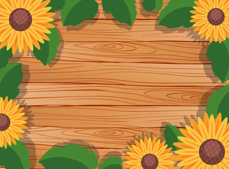 Top view of blank wooden table with leaves and sunflower elements illustrationのイラスト素材