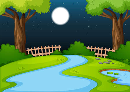 Empty park scene with many trees and river at night illustrationのイラスト素材