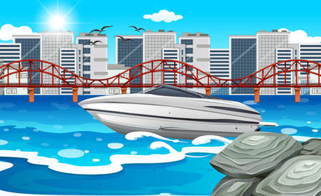A speed boat in the river with city background illustrationのイラスト素材