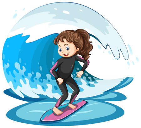 Girl standing on a surfboard with water wave illustrationのイラスト素材