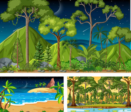 Different nature horizontal scenes in cartoon style illustrationのイラスト素材