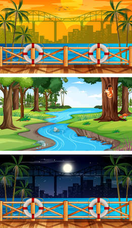 Set of different forest horizontal scenes in different times illustrationのイラスト素材
