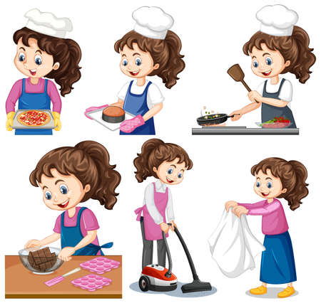 Set of a cute girl doing different activities illustrationのイラスト素材