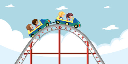 Children ride roller coaster with sky background illustrationのイラスト素材