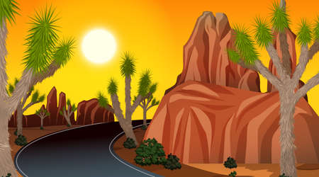 Long road through the desert landscape scene at sunset time illustrationのイラスト素材