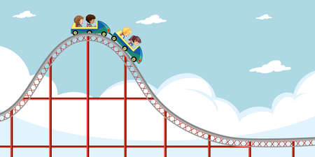 Children ride roller coaster with sky background illustrationのイラスト素材
