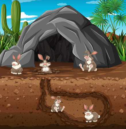 Underground animal burrow with rabbit family illustrationのイラスト素材