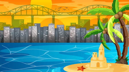 Tropical beach landscape at sunset scene with cityscape background illustrationのイラスト素材