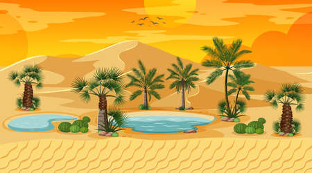Desert forest landscape at sunset scene with oasis illustrationのイラスト素材