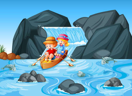 Children row the boat in the stream waterfall scene illustrationのイラスト素材