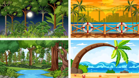 Four different nature horizontal scenes illustrationのイラスト素材