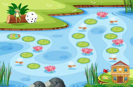 Game template with little frog and lotus leaf on swamp in the forest background illustrationのイラスト素材
