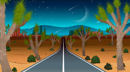Long road through the desert landscape scene at night illustrationのイラスト素材