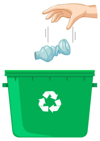 Hand dropping plastic bottle in the recycle bin illustrationのイラスト素材