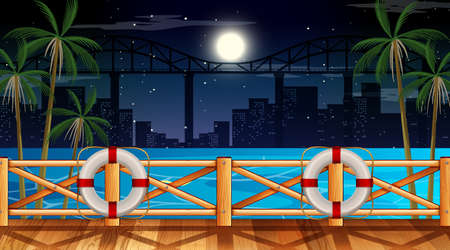 Tropical beach landscape scene at night with cityscape background illustrationのイラスト素材