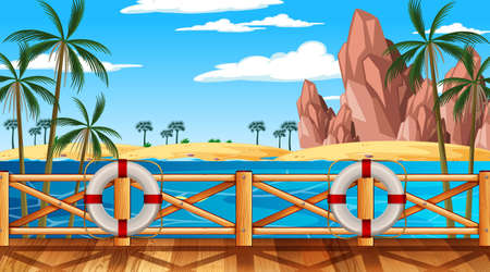 Tropical beach landscape scene at day time illustrationのイラスト素材