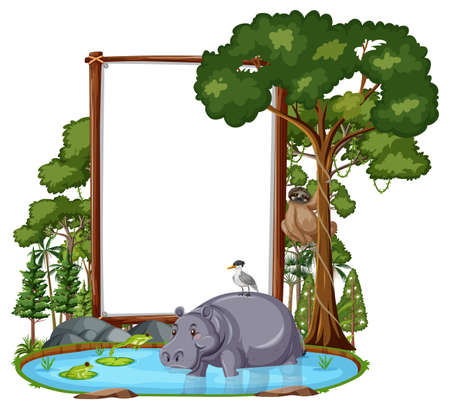 Empty banner with wild animals and rainforest trees on white background illustrationのイラスト素材