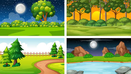 Four different scene of nature park and forest illustrationのイラスト素材