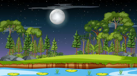 Nature forest landscape at night scene with long river flowing through the meadow illustrationのイラスト素材