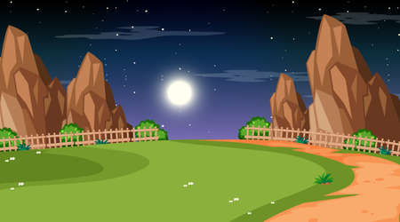 Blank nature park landscape at night scene with pathway through the meadow illustrationのイラスト素材