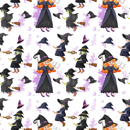 Seamless pattern with many witches on white background illustrationのイラスト素材
