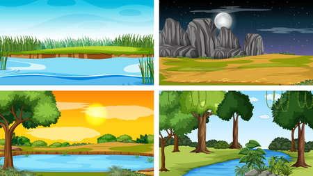 Four different scene of nature park and forest illustrationのイラスト素材
