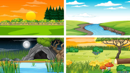 Four different scene of nature park and forest illustrationのイラスト素材