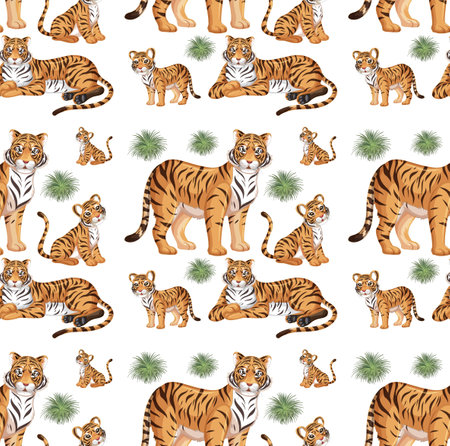 Seamless pattern with wild tiger in many poses on white background illustrationのイラスト素材