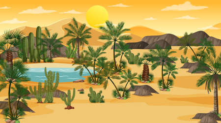 Desert forest landscape at sunset scene with oasis illustrationのイラスト素材