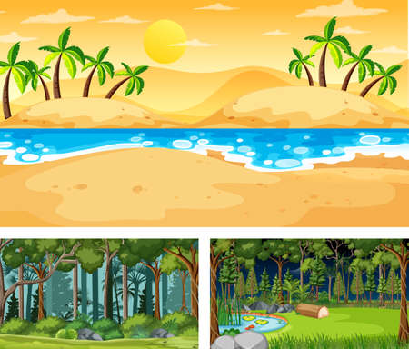Set of different nature landscape scenes illustrationのイラスト素材